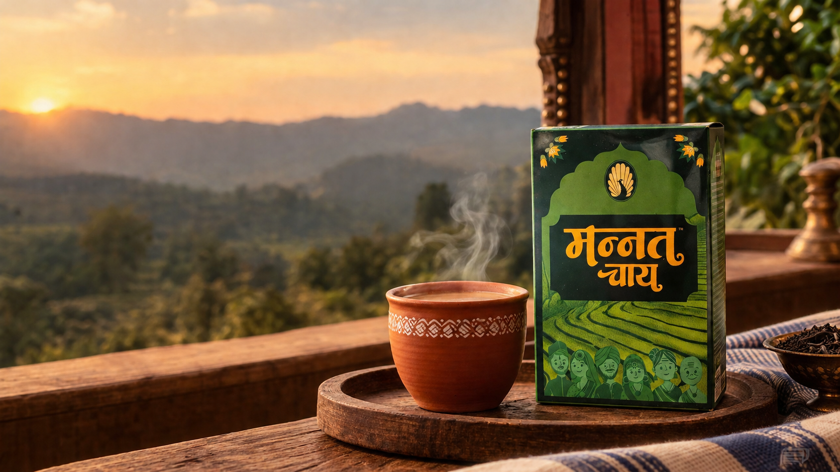 Mannat Chai pack with a cup of chai at sunrise